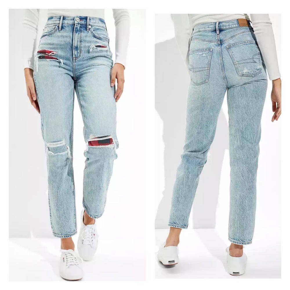 AMERICAN EAGLE 90s High-Rise Distressed Plaid Patch Boyfriend Jeans 4